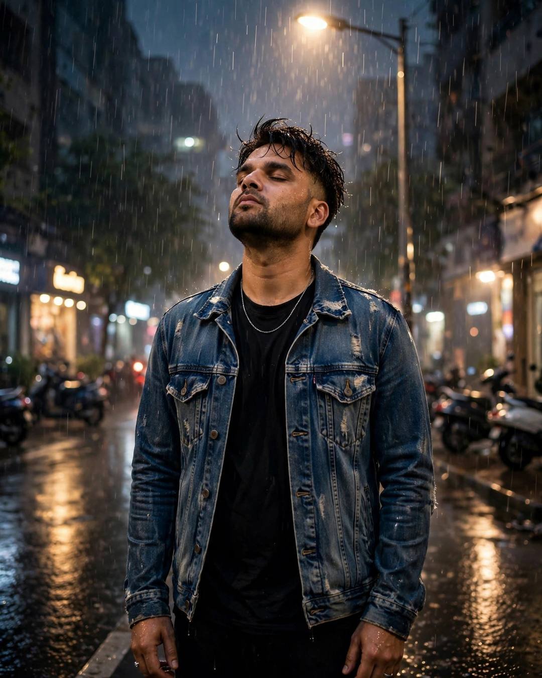 Young man in denim jacket standing under a streetlamp in the rain at night with face lifted to the sky, city glowing behind