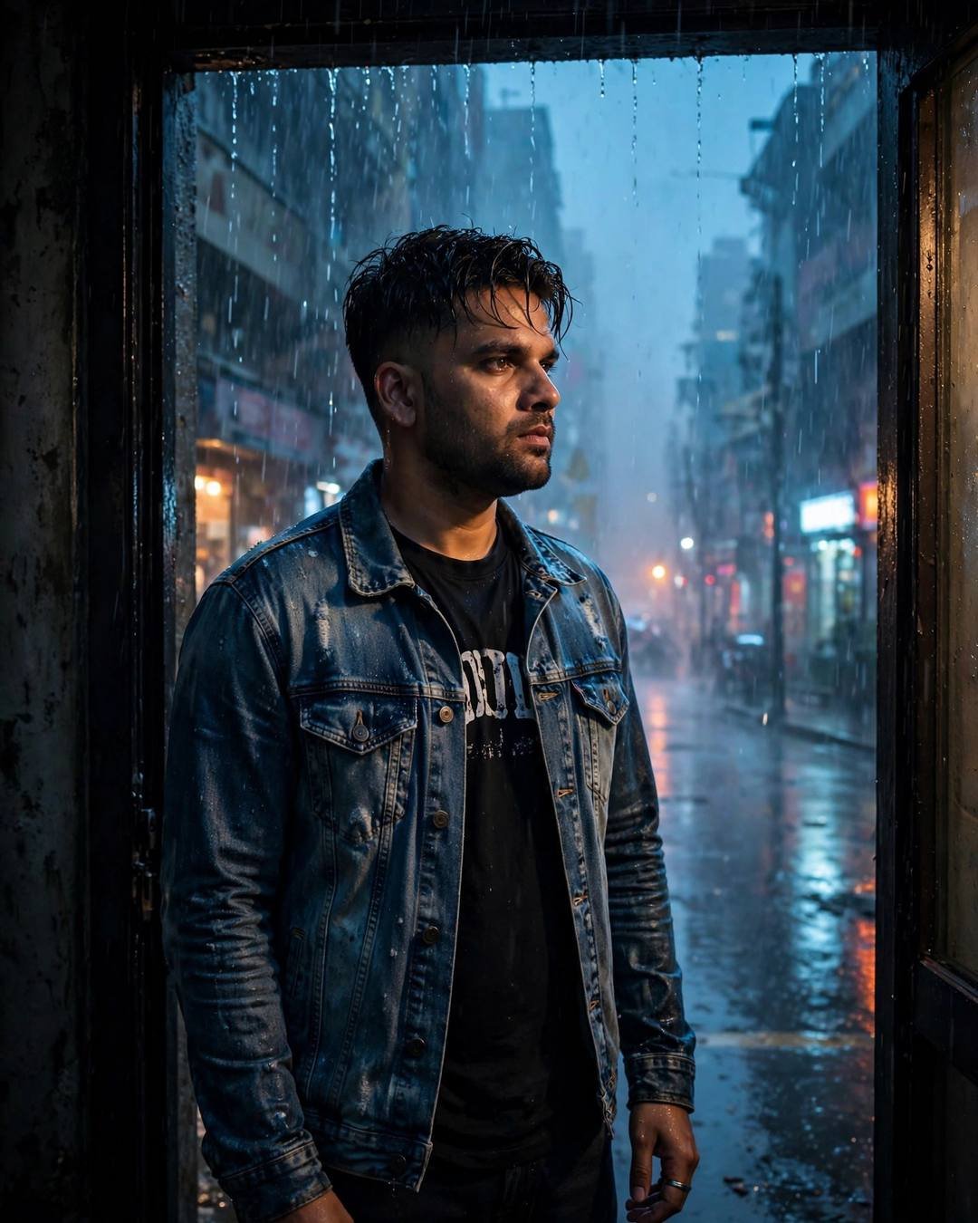 Young Indian man in distressed denim jacket standing in a foggy doorway on a rain-soaked street at blue hour