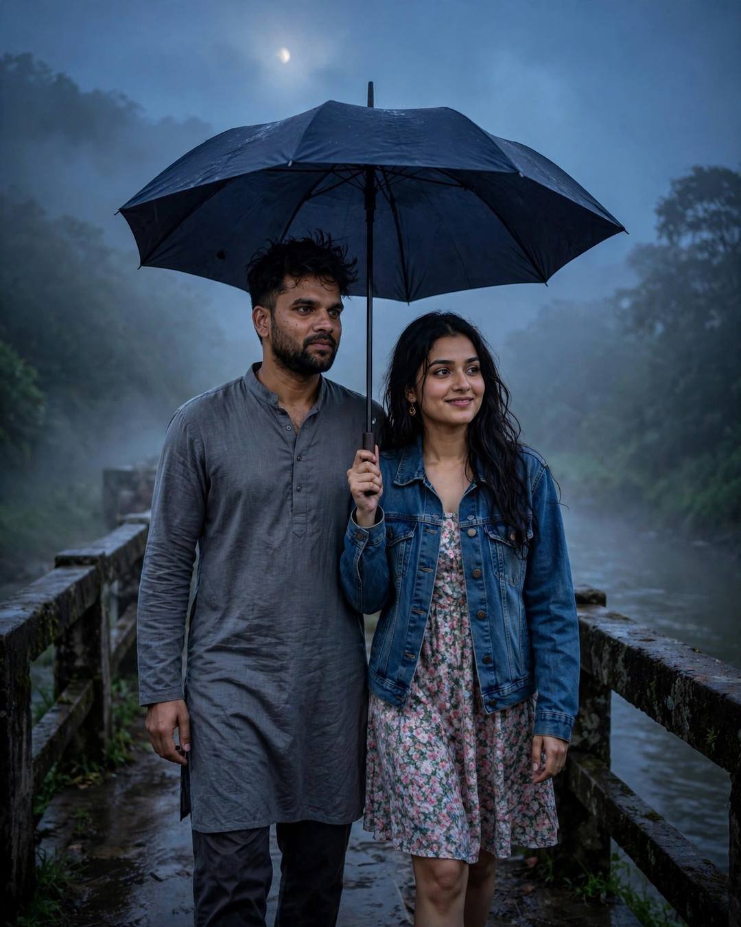 Couple sharing one umbrella walking on a foggy bridge over a river at blue hour