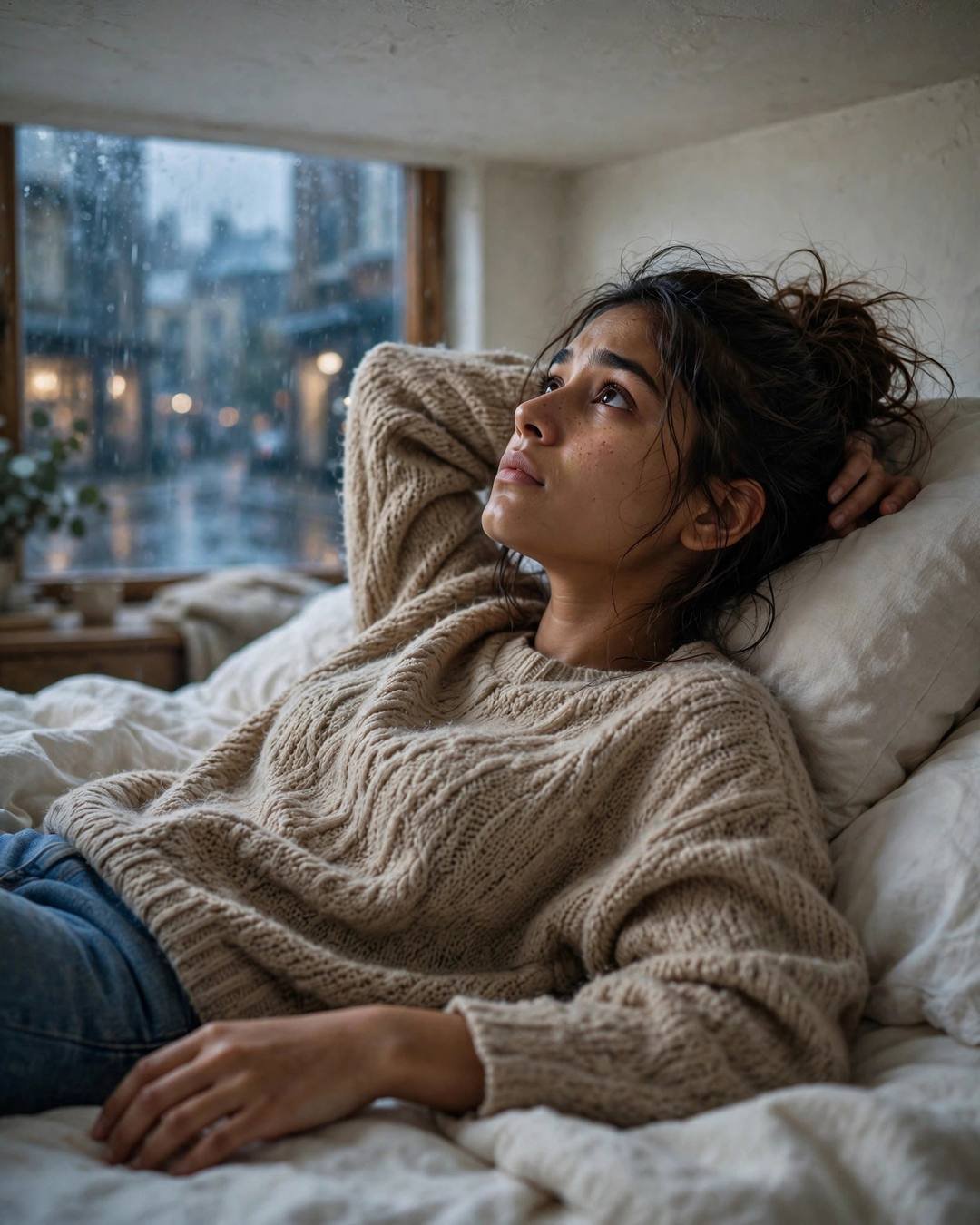 Young Indian woman in beige knit sweater lying on a bed gazing at the ceiling beside a rain-streaked window