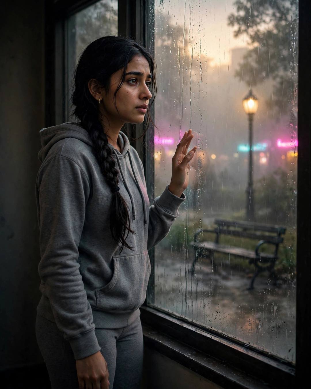 Young Indian woman in grey hoodie with hand on rain-streaked window looking at foggy park with neon lights