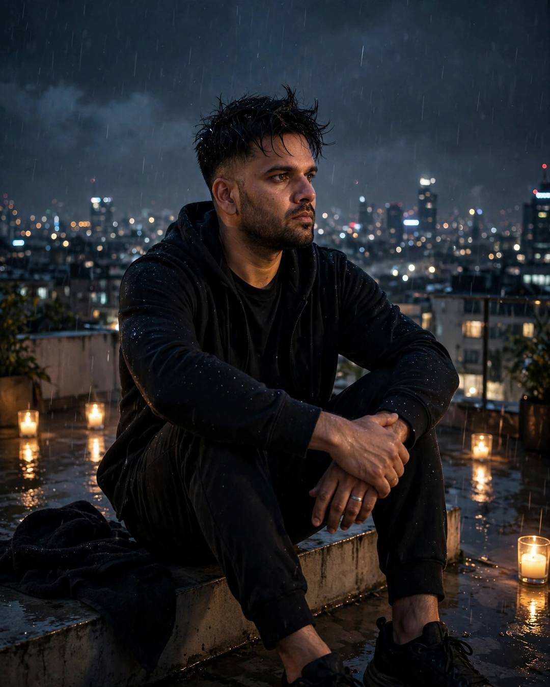 Young Indian man in all-black streetwear sitting on a rain-wet rooftop at midnight, candles burning around him, city lights behind