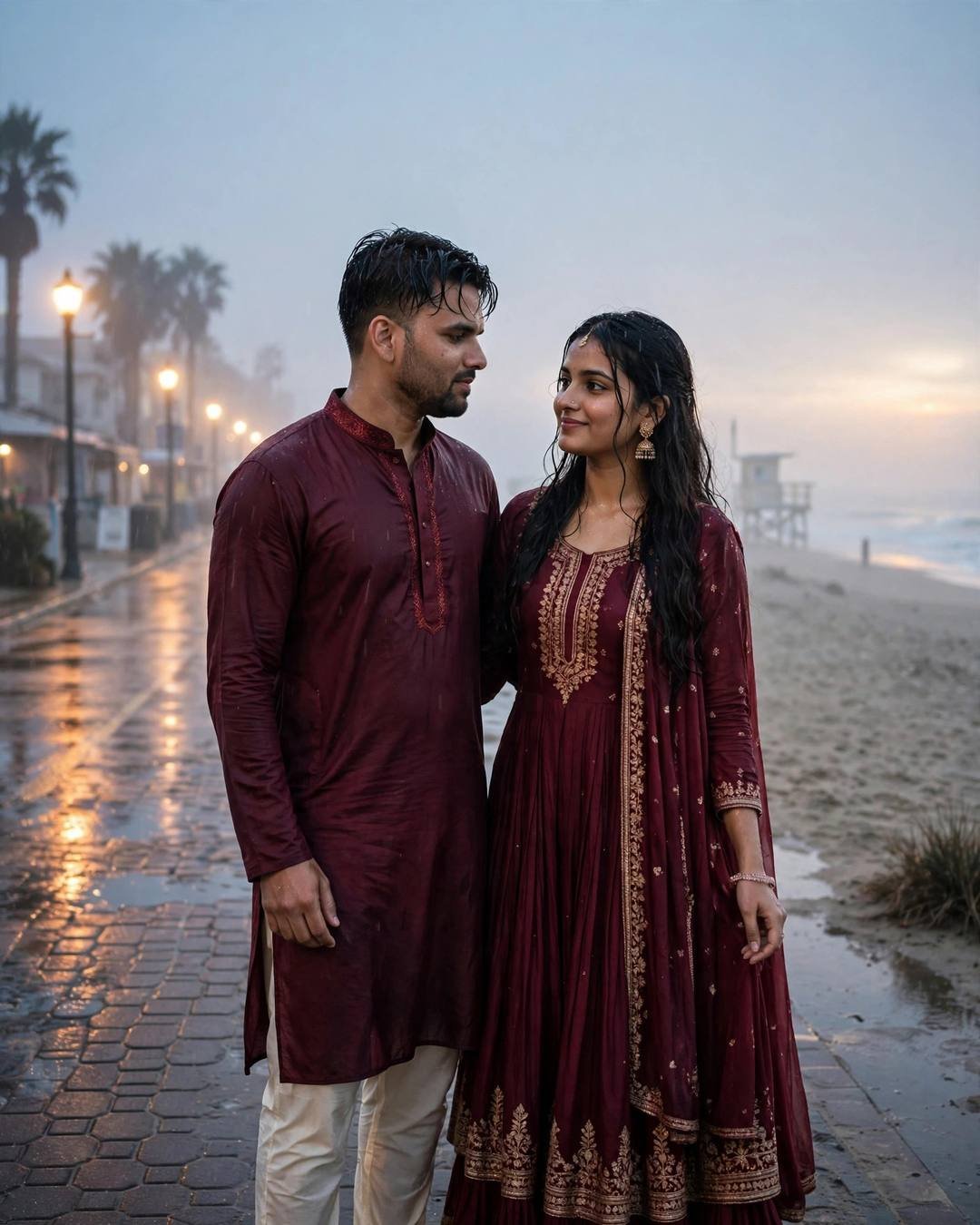 Couple in matching maroon Indian outfits standing close on a rain-wet beach road at dusk, streetlights glowing through sea fog
