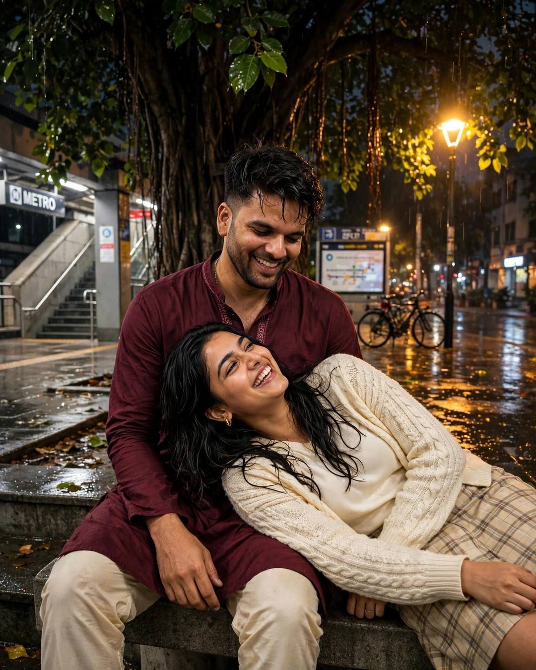 Laughing couple under a banyan tree by a metro station at night, her head in his lap, warm streetlight on wet pavement