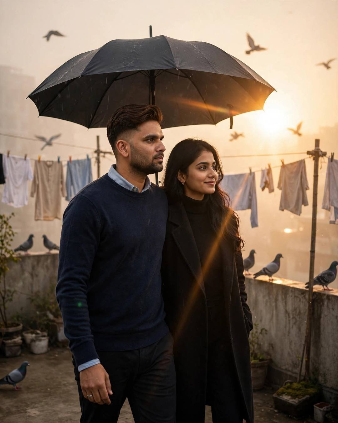 Couple walking under one black umbrella on a rooftop terrace with clothes lines and pigeons, golden-hour backlight with lens flare