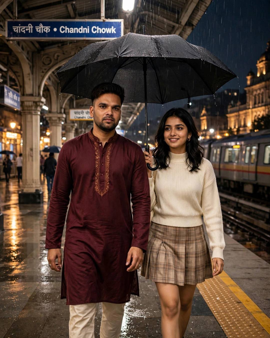 Couple walking side by side under one black umbrella at Chandni Chowk railway station at night, he in a maroon kurta, she in a cream sweater, rain falling through the station light