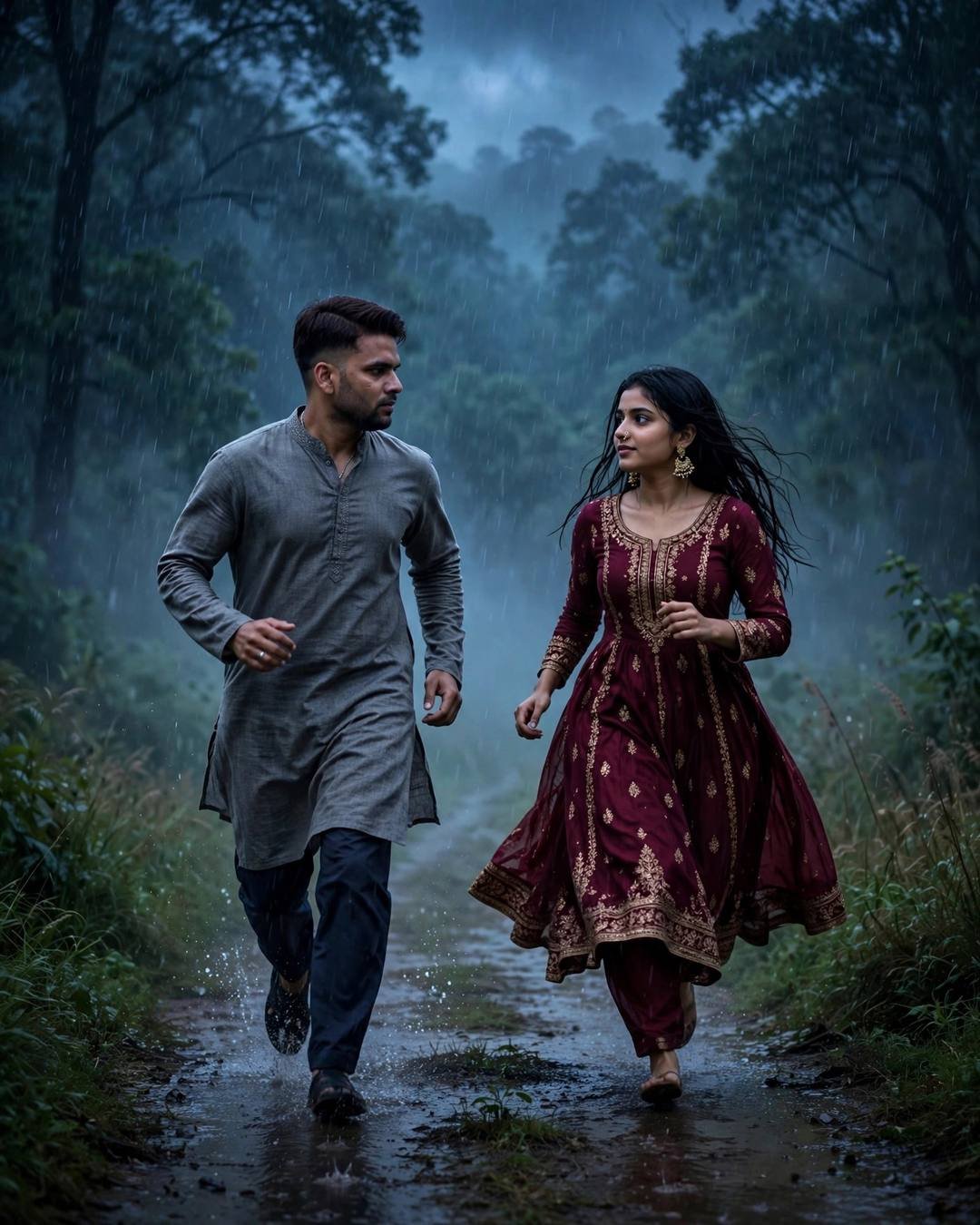 Couple running side by side down a misty forest path at midnight in heavy monsoon rain, he in a grey kurta, she in a maroon anarkali with gold embroidery