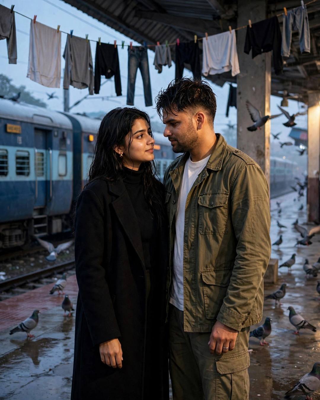 Indian couple gazing at each other on a rainy railway platform with a train waiting behind them
