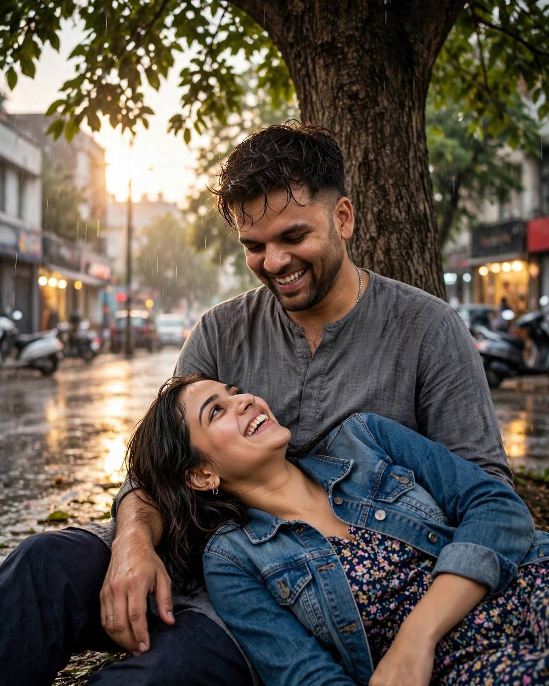 Indian couple laughing together under a tree on a rainy street with golden backlight
