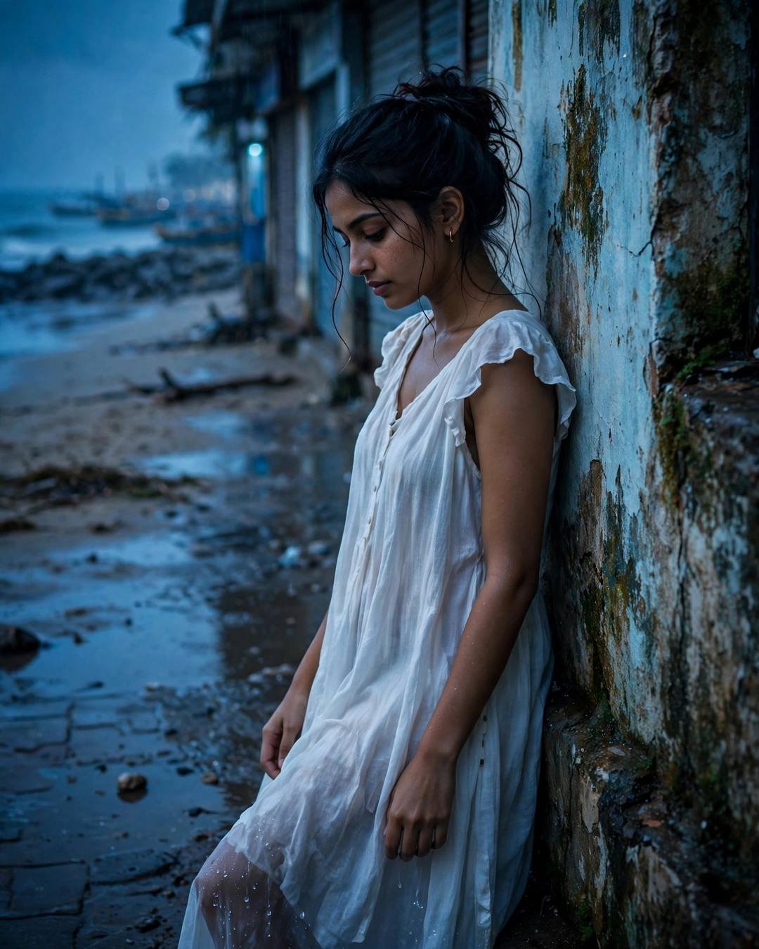 Young Indian woman in white dress leaning against a wall near a beach at night, stringing marigold flowers