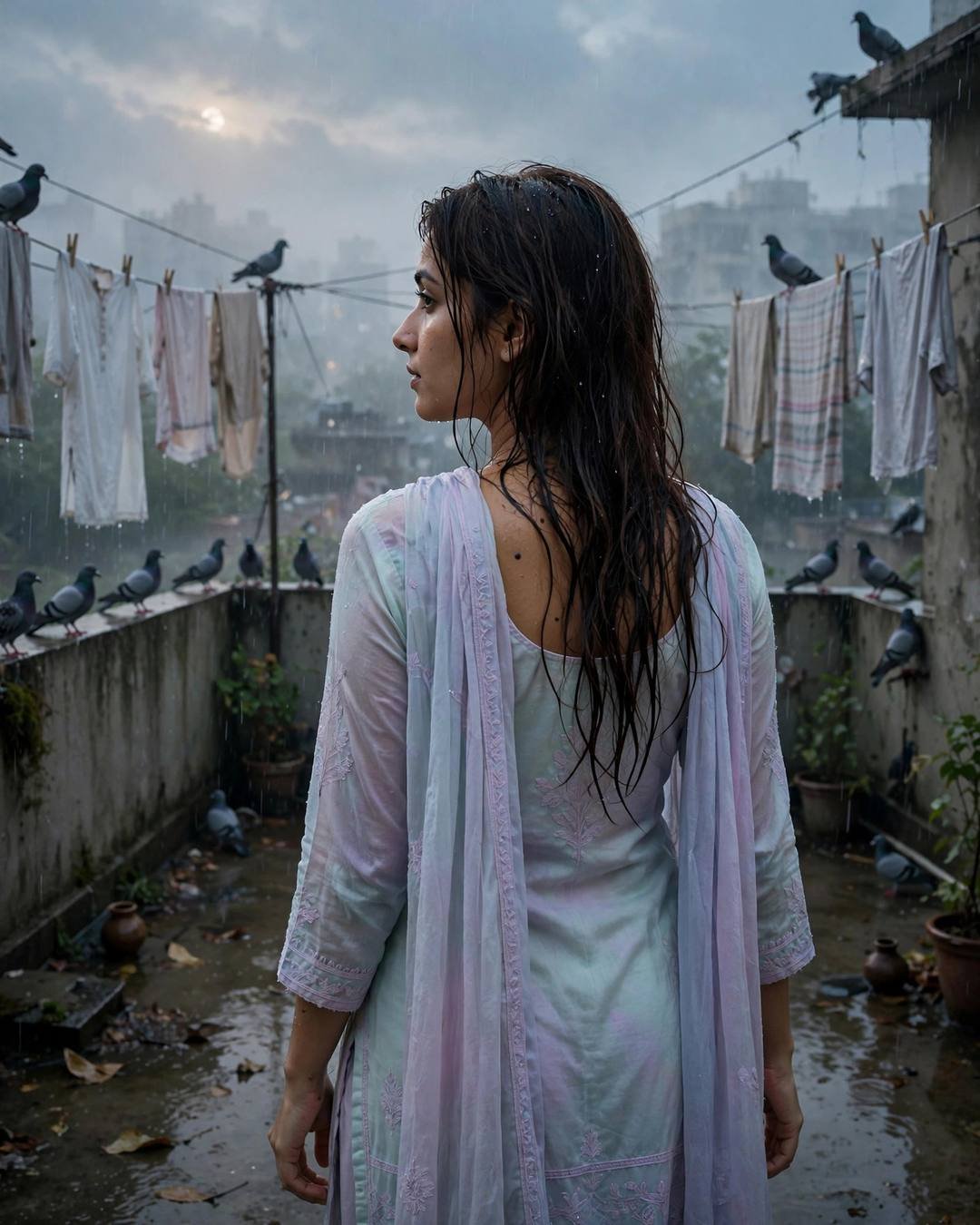 Young Indian woman in pastel salwar-kameez on a rainy terrace looking over her shoulder