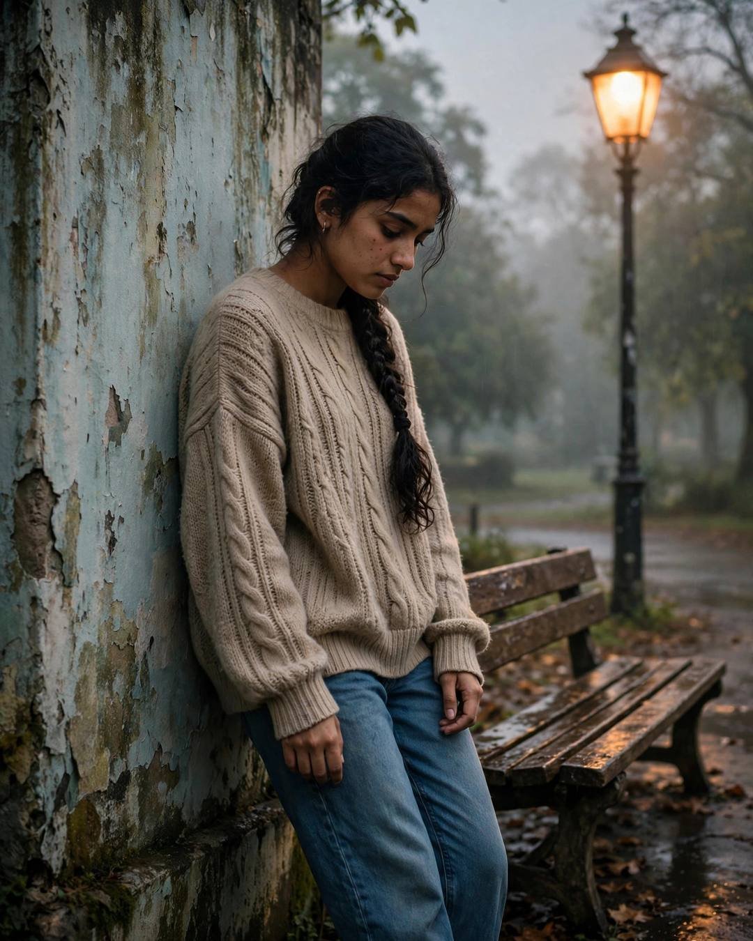 Young Indian woman in beige sweater leaning against a wall by a park bench at dawn watching for headlights