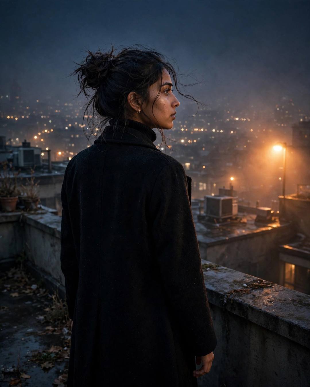Young Indian woman in black coat on a foggy rooftop at midnight looking over the city lights