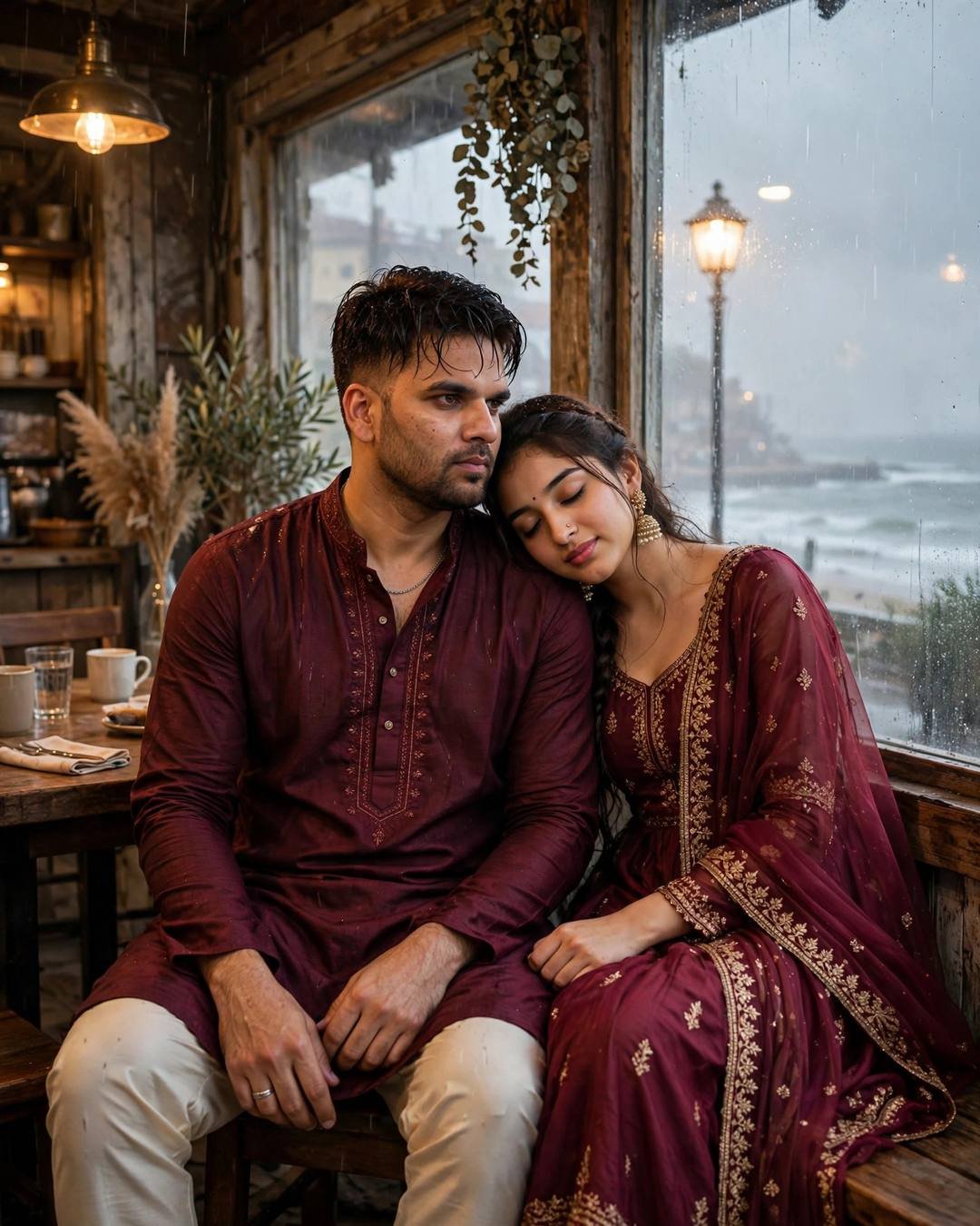 Sitting close on a wet rock as — AI-generated cinematic mood photograph featuring a couple