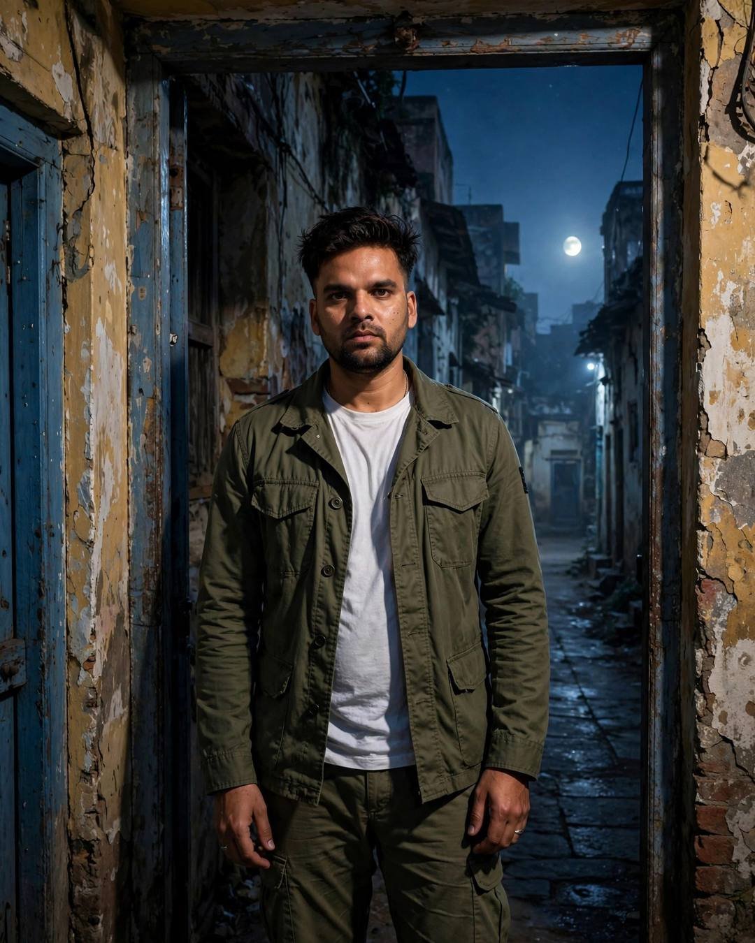 Black turtleneck beneath a lonely streetlamp on — AI-generated cinematic mood photograph featuring a young Indian man