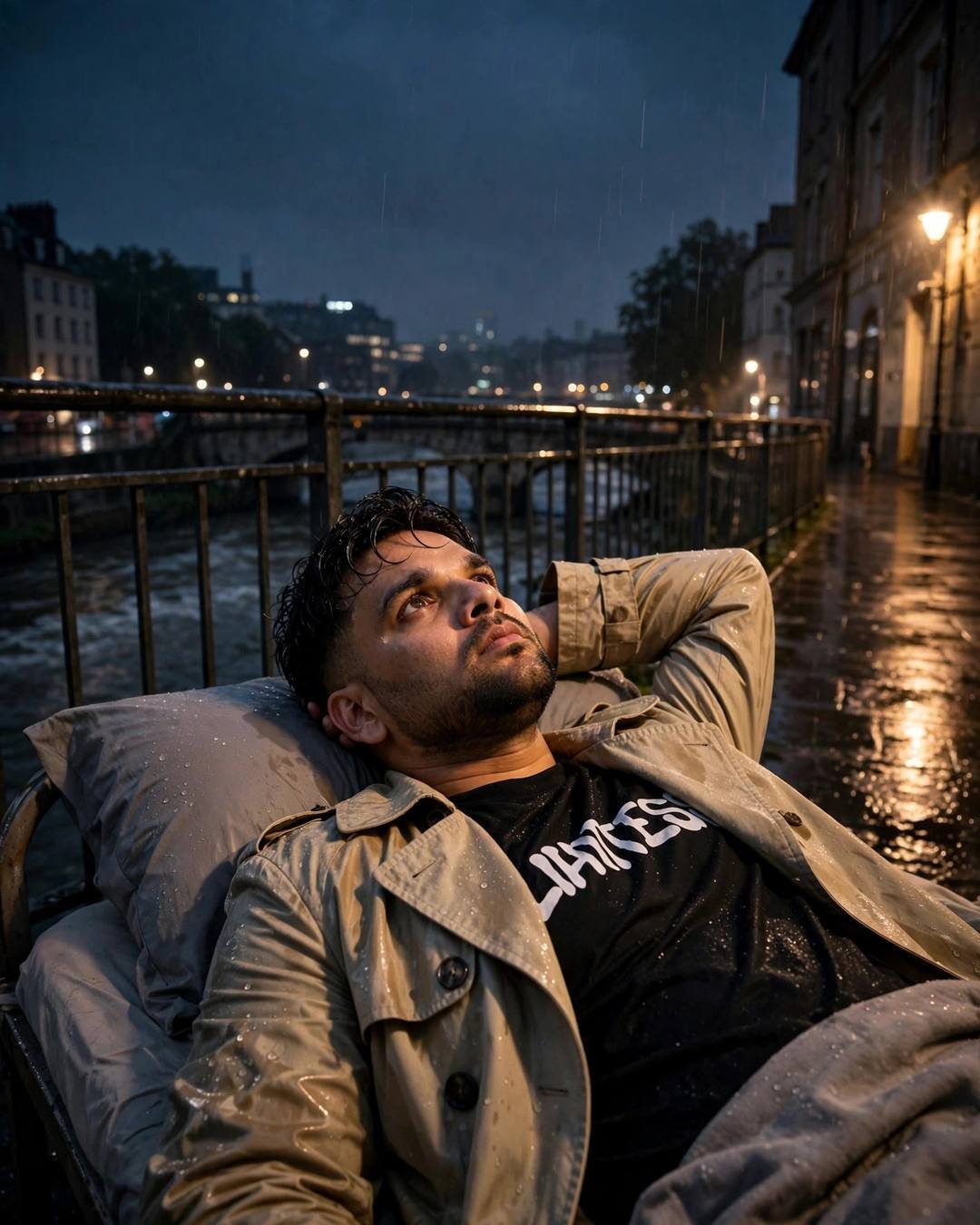 Ink-black denim jacket with collars turned up — AI-generated cinematic mood photograph featuring a young Indian man