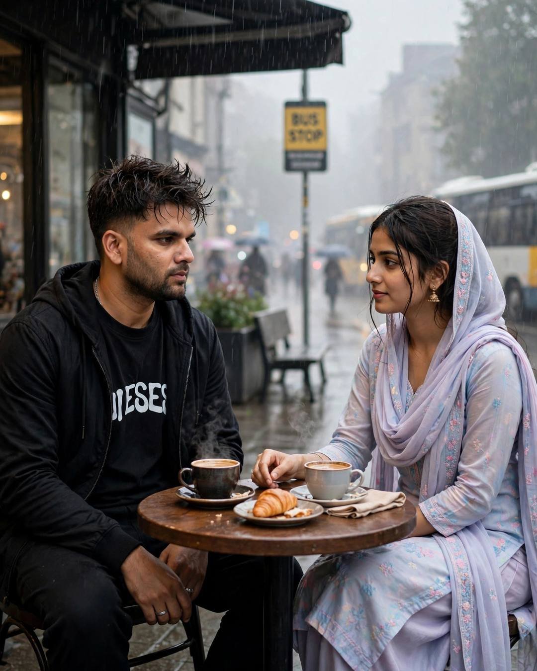 Crumbs and two empty plates, both leaning — AI-generated cinematic mood photograph featuring a couple