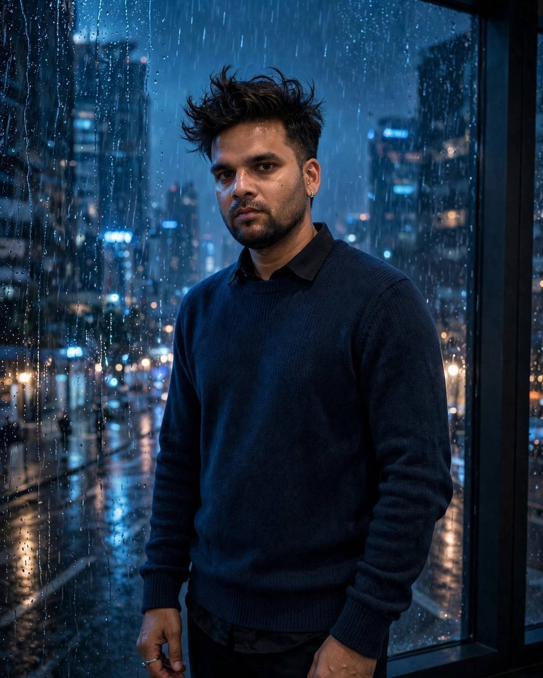 A train's window light strobing rhythmically across — AI-generated cinematic mood photograph featuring a young Indian man