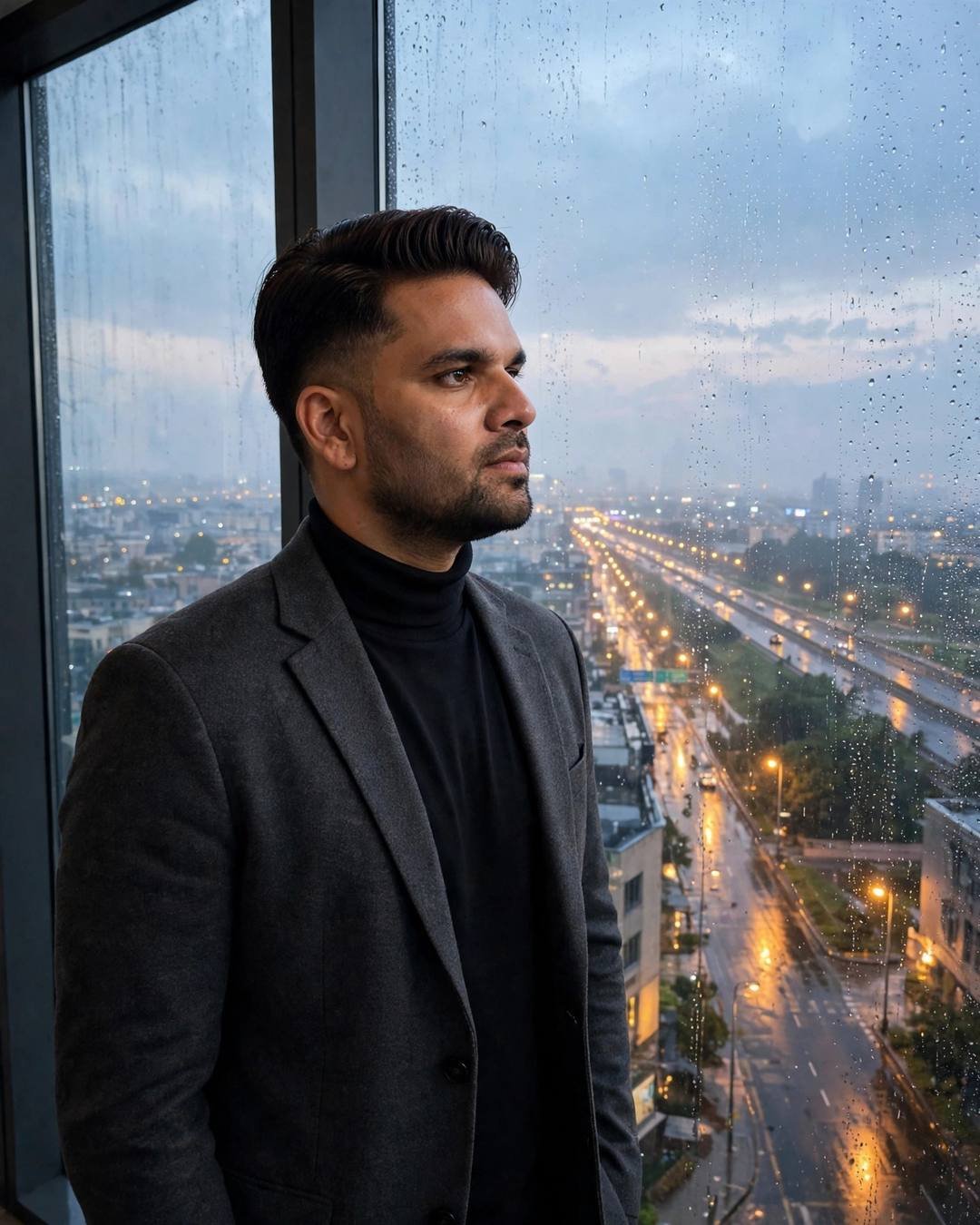 Kicking small stones at a lonely crossroads — AI-generated cinematic mood photograph featuring a young Indian man