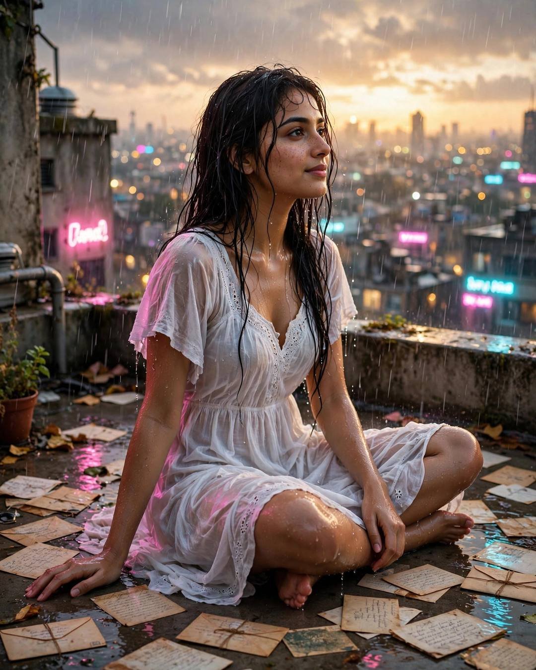 Young Indian woman in white dress sitting cross-legged on a rooftop surrounded by old letters in drizzle