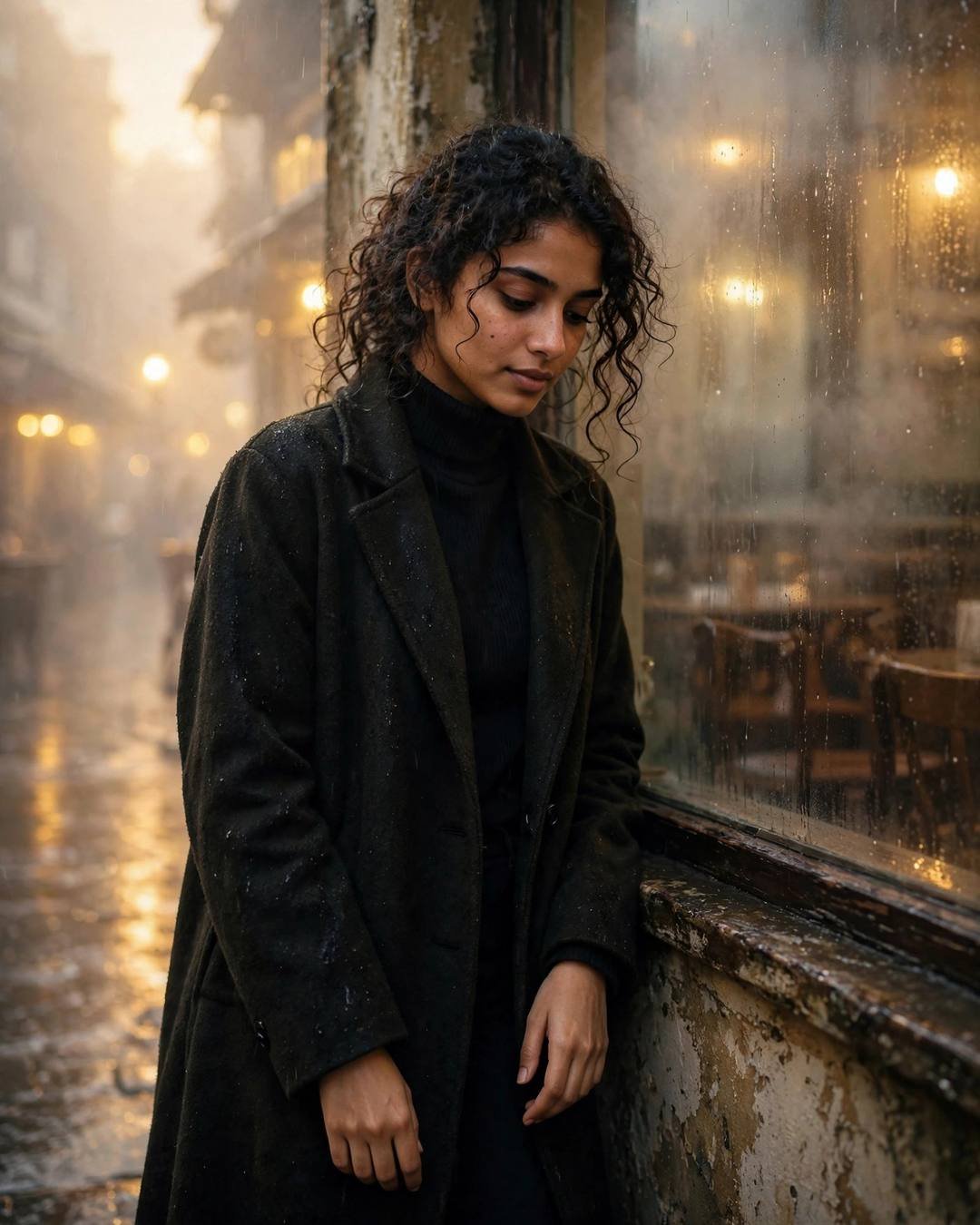 Young Indian woman in black turtleneck and long coat leaning by a fogged cafe window in golden-hour fog