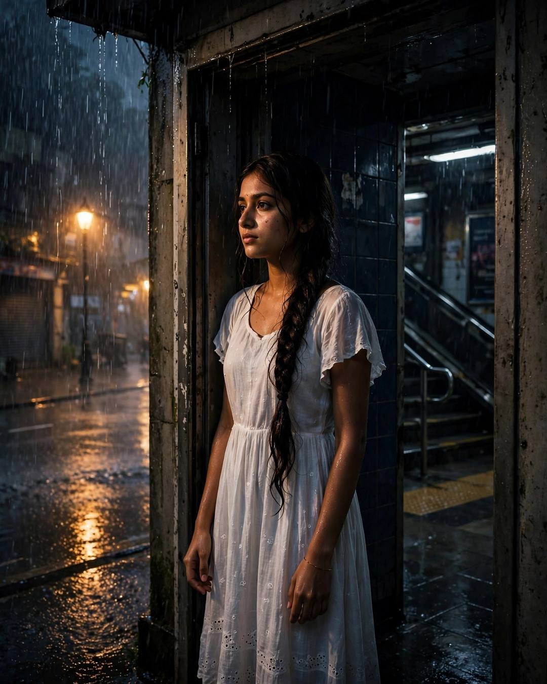 Young Indian woman in white dress standing in a doorway at a midnight metro station in monsoon rain