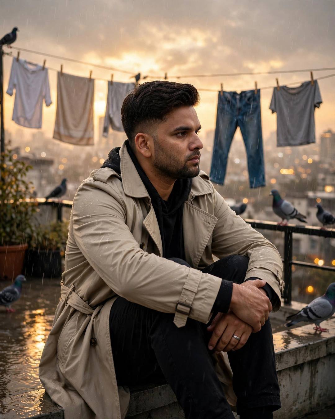 Young man in beige trench coat sitting on a rainy rooftop terrace at golden hour with laundry lines and pigeons