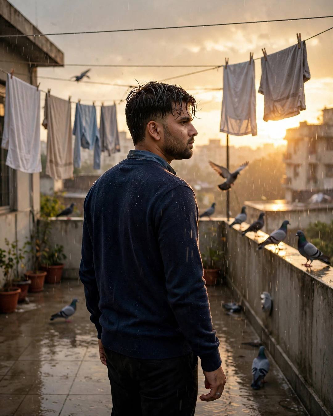 Young man in navy sweater walking away on a rainy rooftop terrace at golden hour, pigeons and laundry lines around him