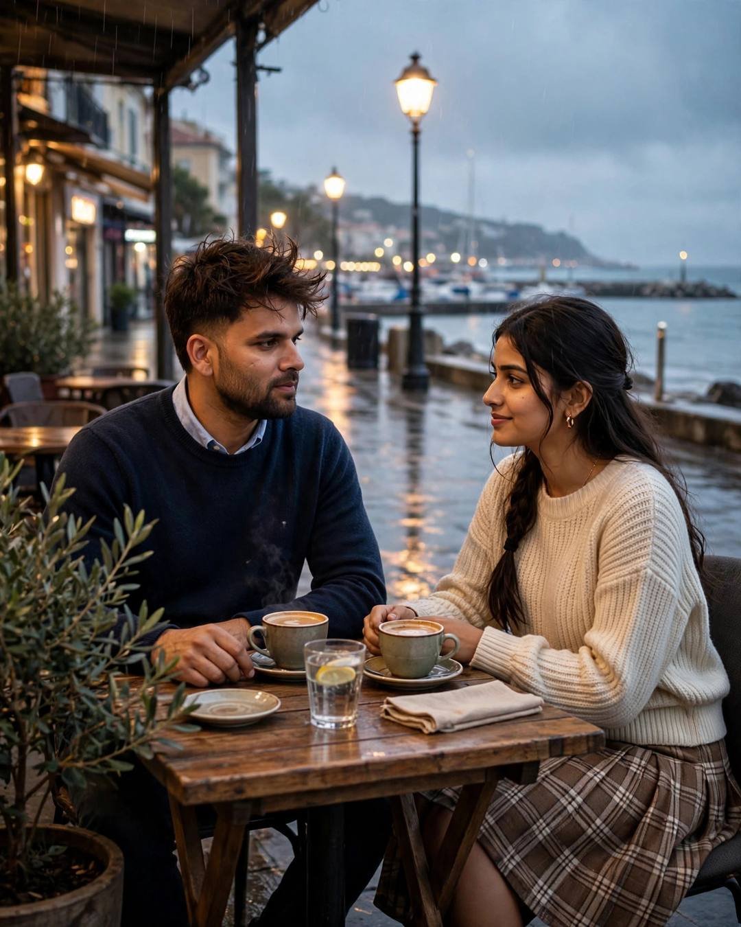 A young Indian couple sits across a wooden cafe table by a rain-soaked seaside promenade, coffee cups steaming between them, lamplight glowing on the wet street.