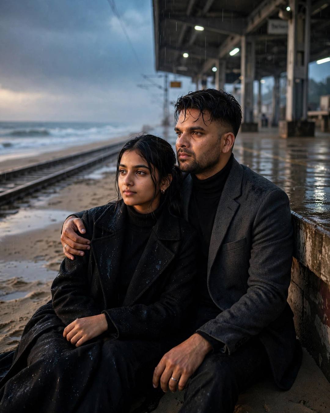 A young Indian couple sits close on a sandy shore beside a rain-wet railway platform, his arm around her, the sea and tracks stretching behind them.