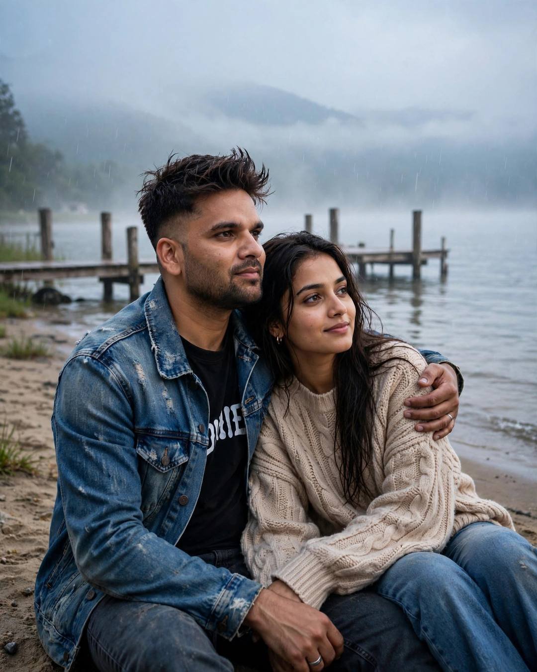 A young Indian couple sits close on a sandy shore by a misty lake pier, his arm around her, both smiling softly at the calm grey water.