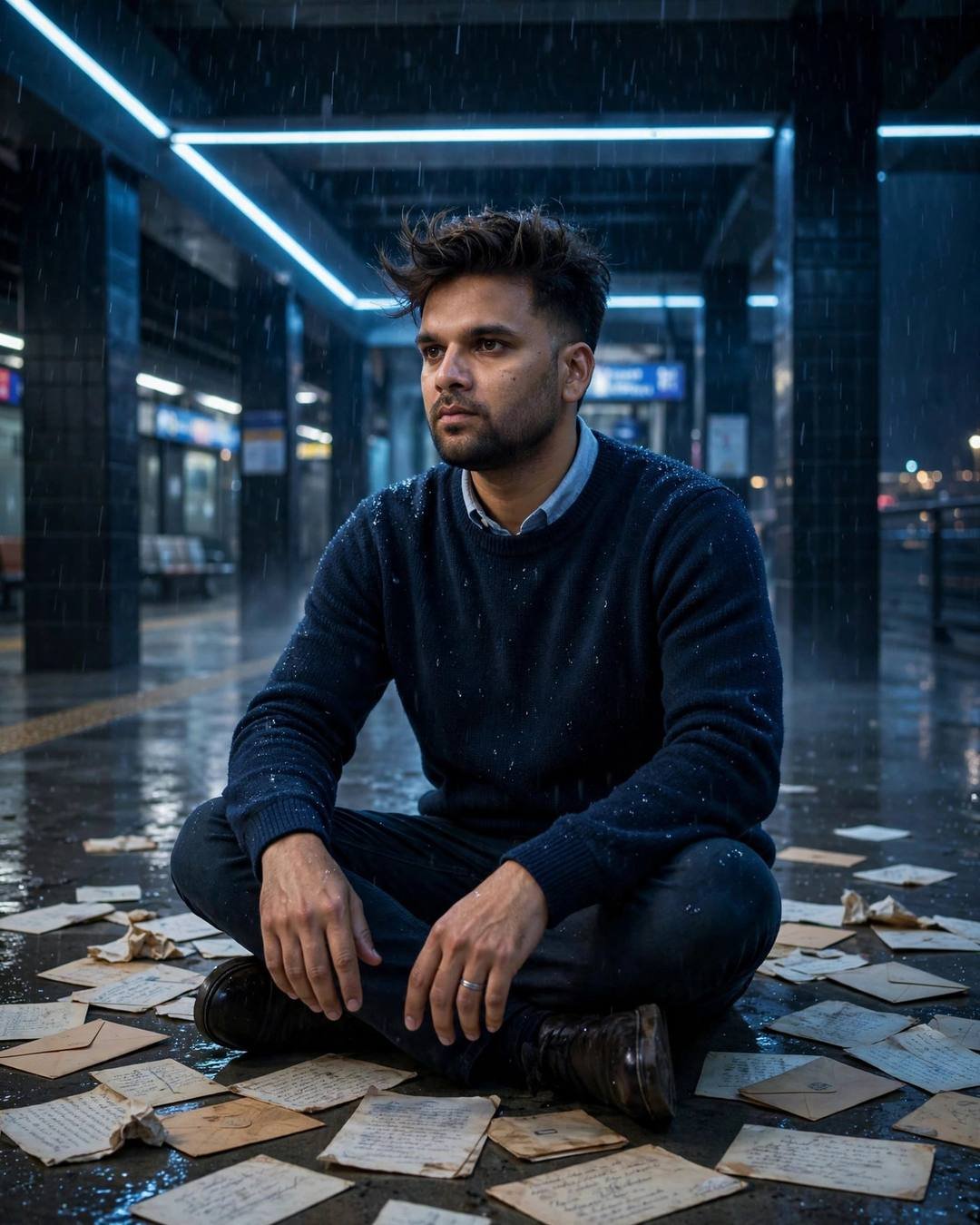A young Indian man in a navy sweater over a collared shirt sits cross-legged on the wet floor of a midnight metro station, surrounded by scattered old letters, blue fluorescent light overhead.