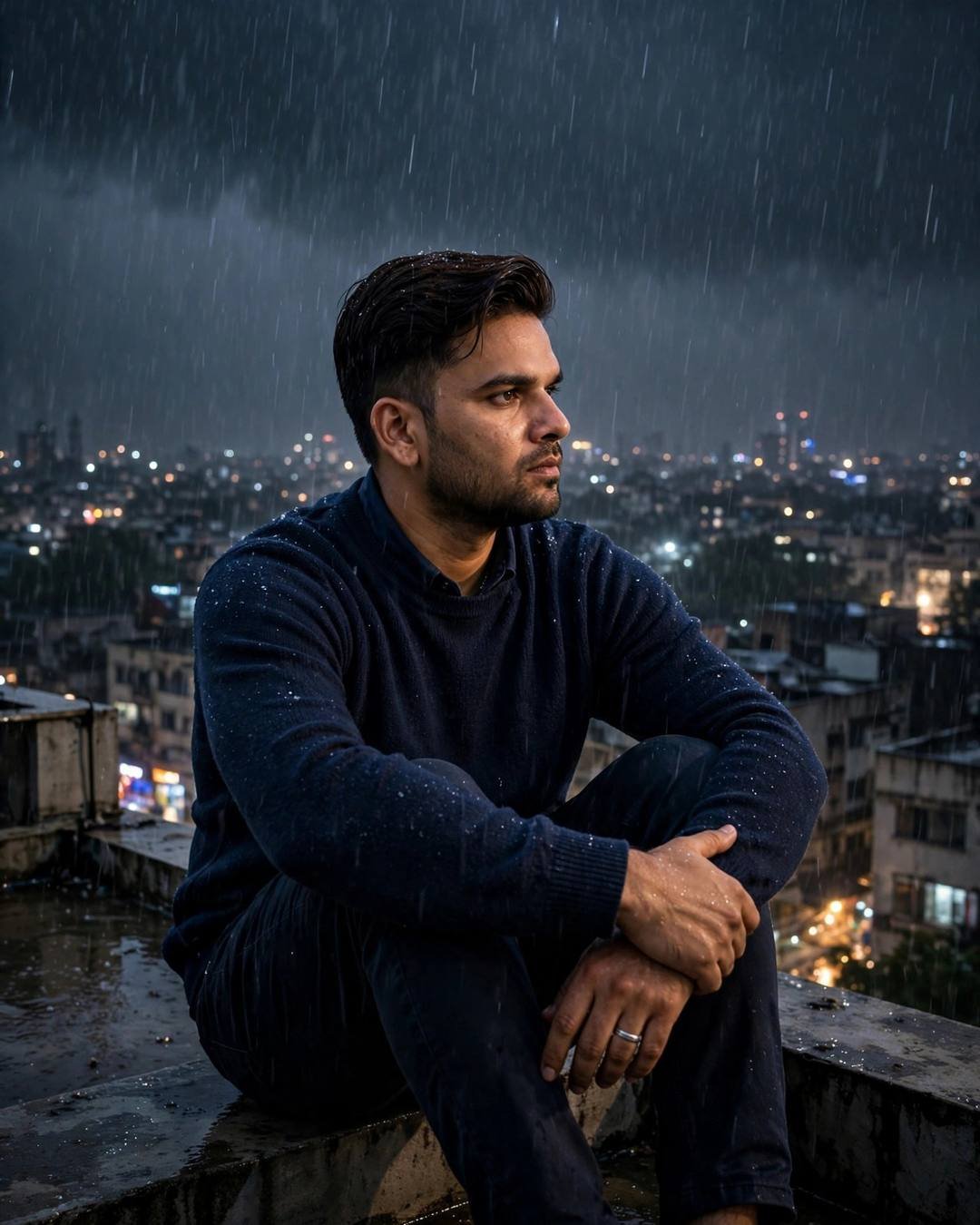 A young Indian man in a navy sweater sits on a rooftop ledge in the rain at midnight, knees drawn up, gazing over a glittering sleeping city.