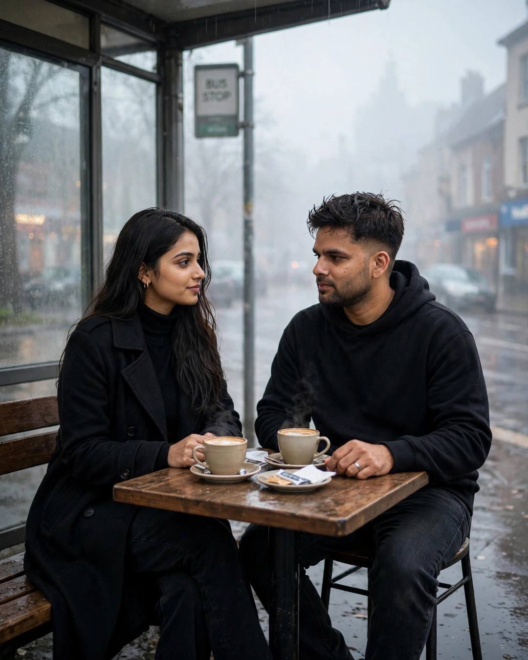 Couple across a small cafe table under a bus stop shelter in the rain, two steaming coffees, hands almost touching