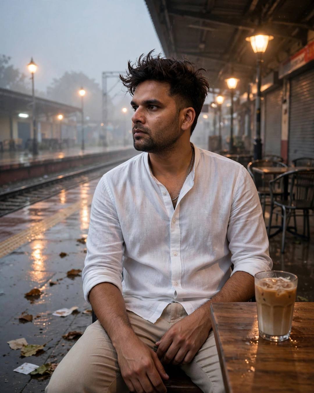 Young Indian man in a white linen shirt sitting alone with an iced coffee at a rain-soaked railway platform at night