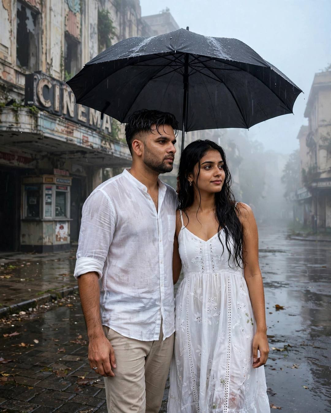 A young Indian couple walks under one black umbrella on a rain-soaked street, an abandoned cinema hall behind them, mist softening the grey light.