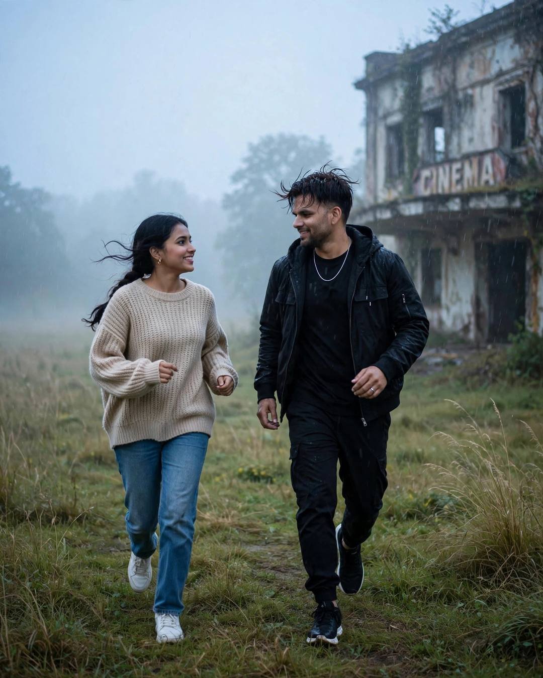 AI-generated cinematic couple photo: couple running toward each other across a foggy field in front of an abandoned cinema hall at blue hour