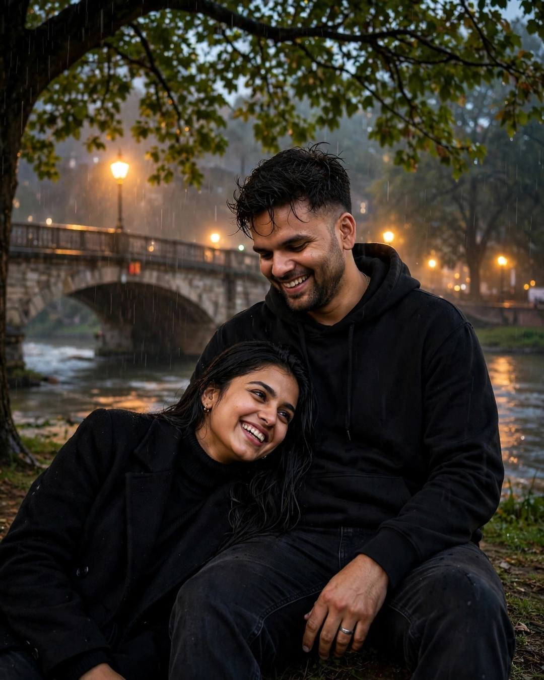AI-generated cinematic couple photo: couple laughing under a tree by a river with her head in his lap near an old stone bridge at midnight