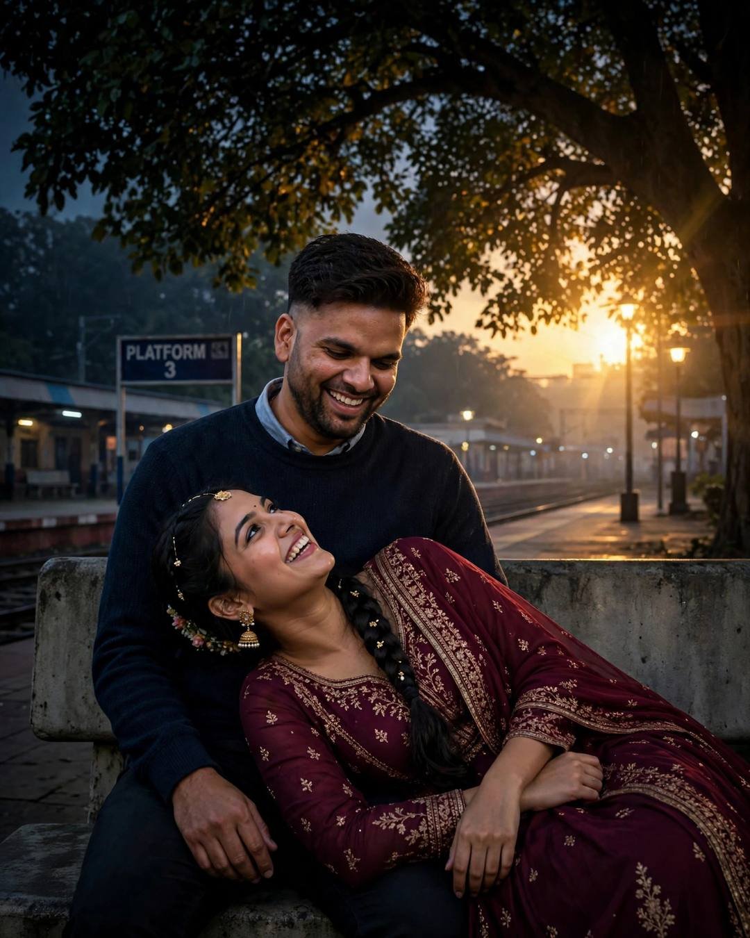 Laughing couple on a railway platform at night, her head resting in his lap, golden backlight flaring through the tree branches