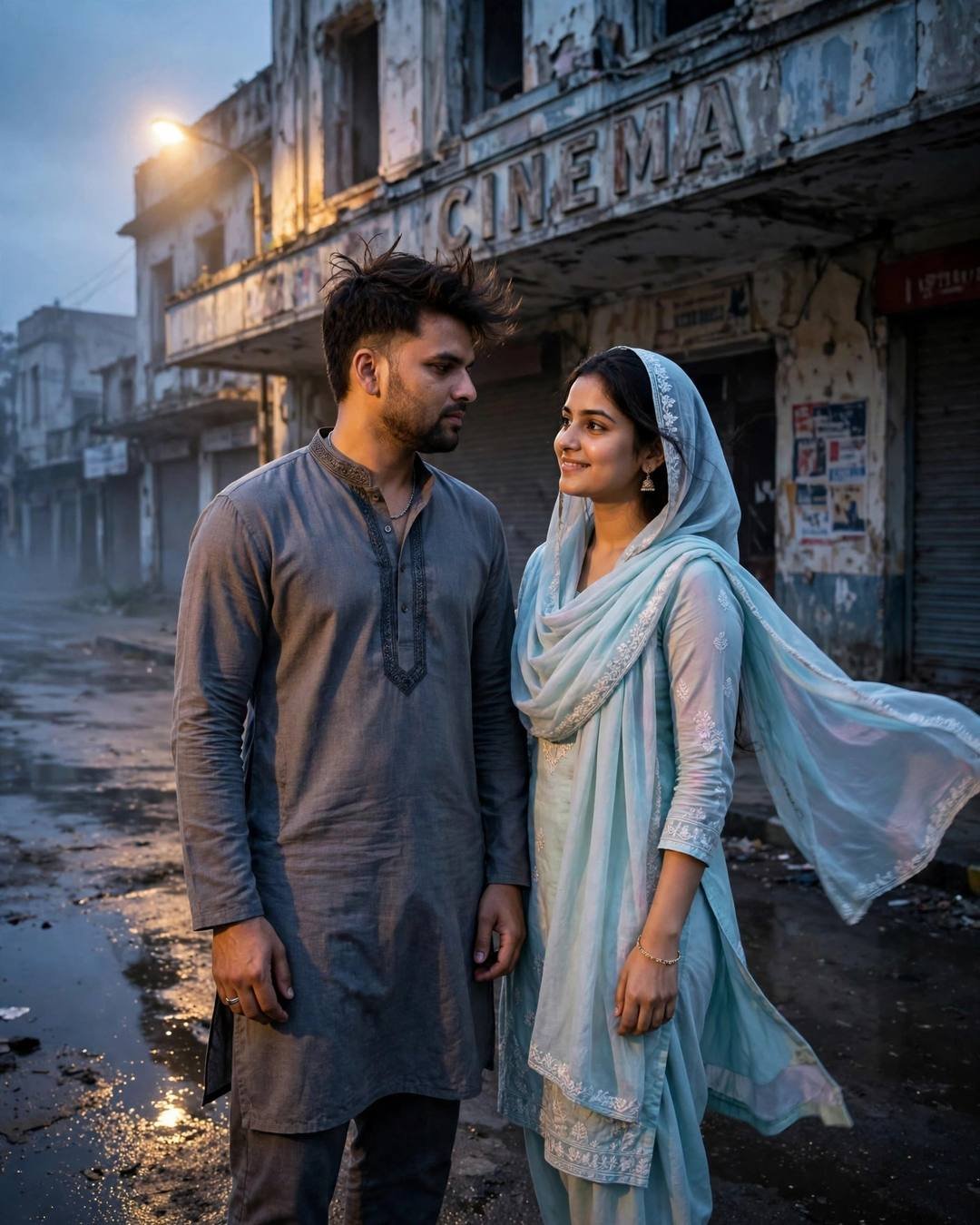 Couple standing on a rain-wet street before an abandoned cinema hall at blue hour, the woman's pastel dupatta lifting in the breeze