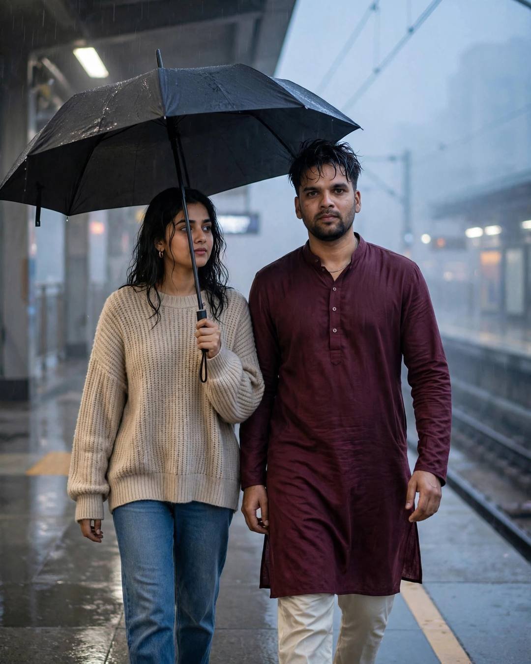 AI-generated cinematic couple photo: couple walking side by side under one umbrella on a rain-wet metro platform at midnight