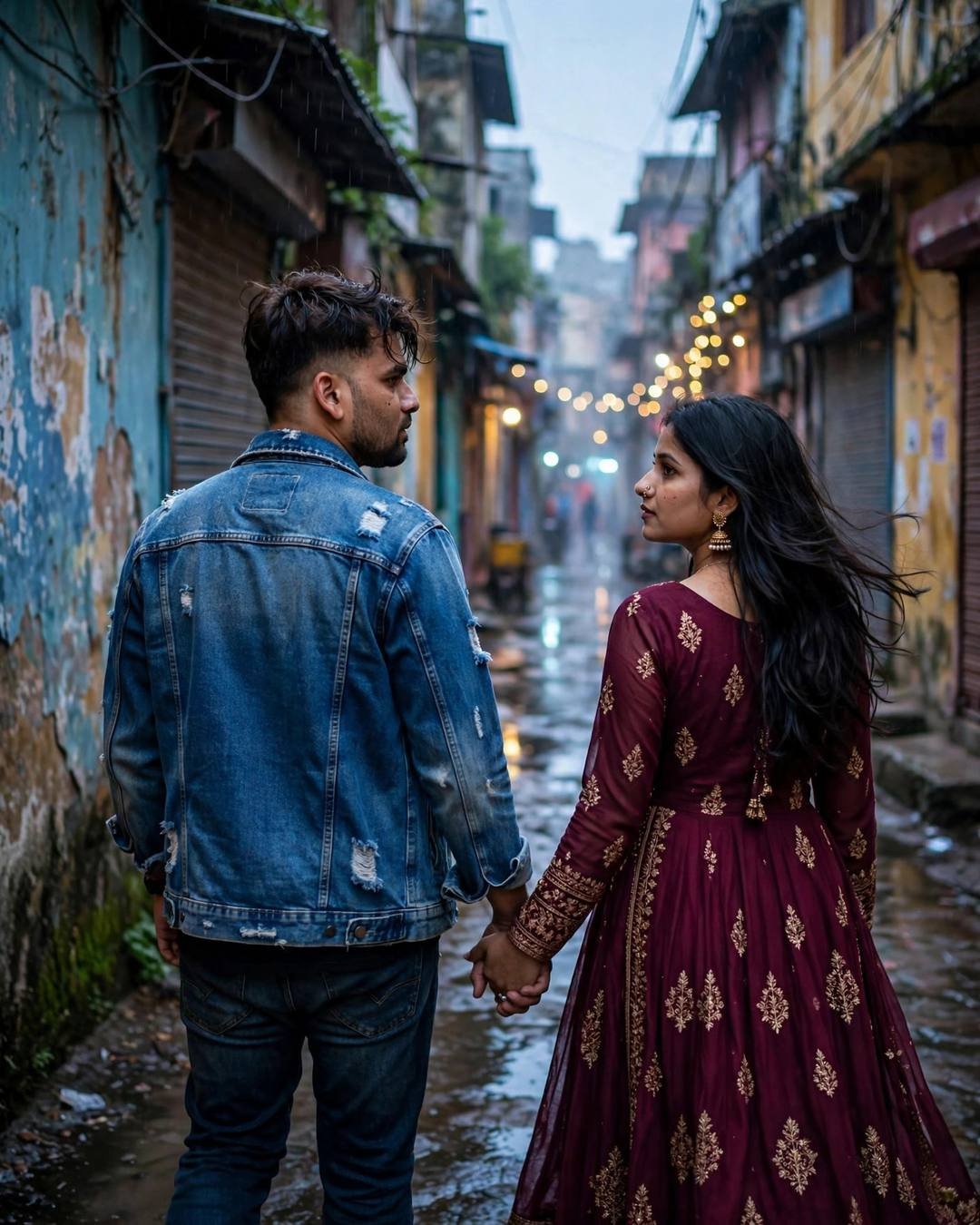 Couple holding hands walking away down a rainy old-city lane at dusk, woman in maroon anarkali with gold embroidery