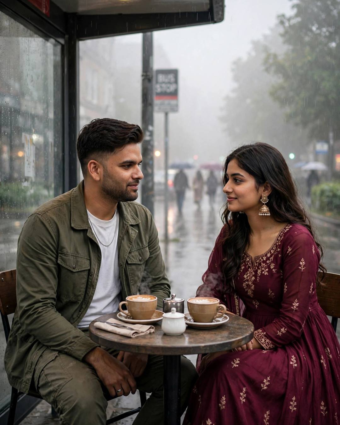 Couple smiling at each other over two coffees at a bus-stop shelter table in the rain
