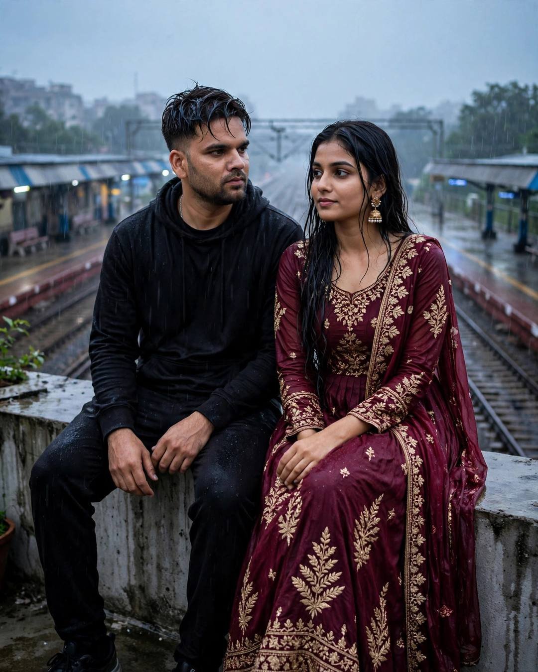 Couple sitting side by side on a ledge at a rainy railway station, woman in maroon anarkali gazing at the man