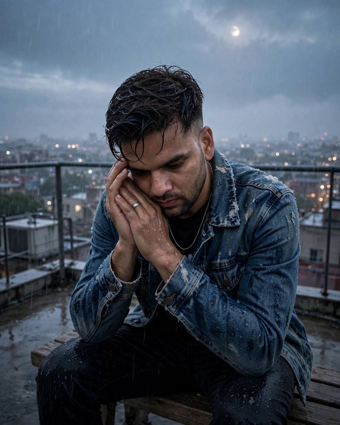 Young Indian man in a denim jacket sitting on a rooftop bench with head in hands, rain falling, city lights below at dawn