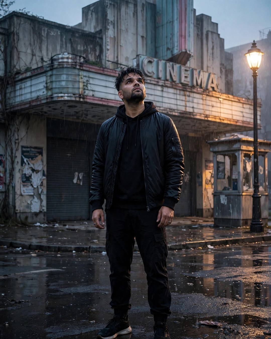 Young Indian man in a black bomber jacket standing in rain in front of an abandoned art-deco cinema building
