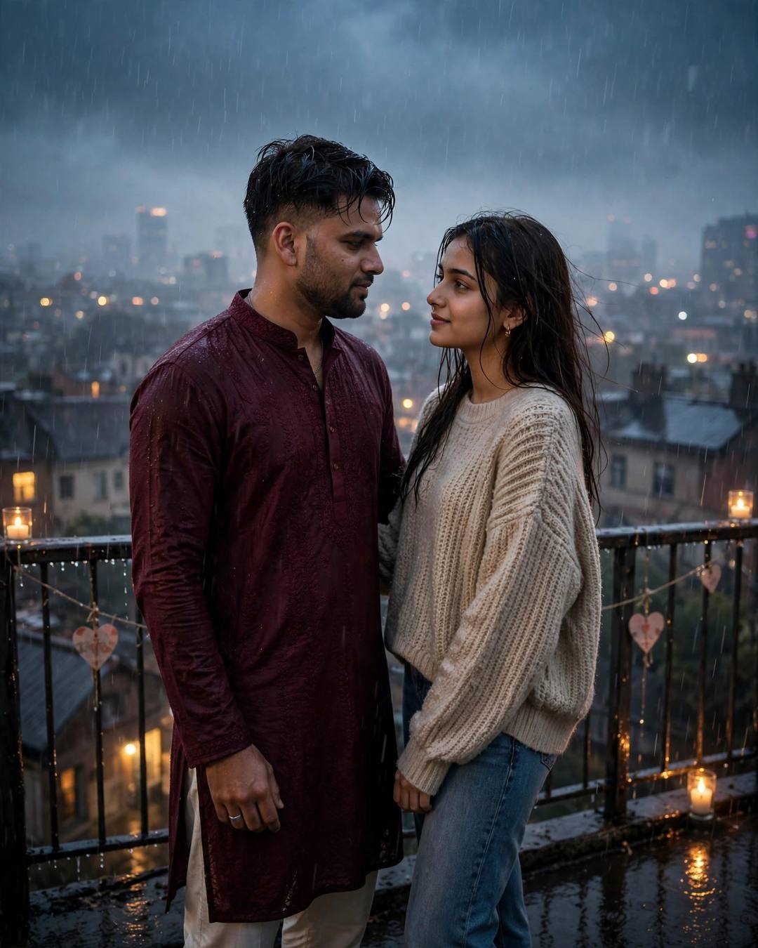 Young Indian couple on a rainy rooftop terrace at dusk, man in maroon kurta and woman in cream sweater gazing at each other
