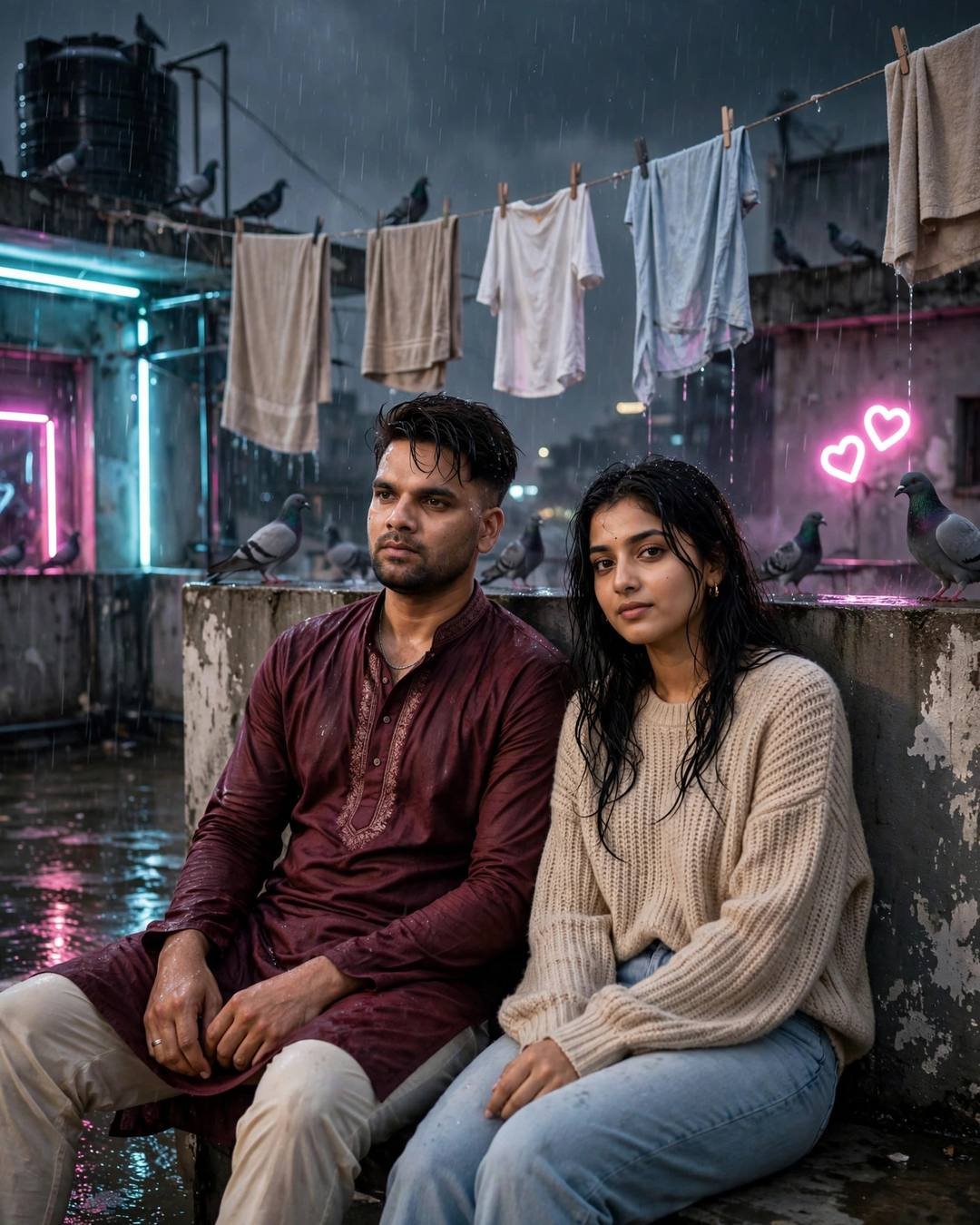 Young Indian couple sitting on a rooftop parapet in monsoon rain, man in maroon kurta, woman in cream sweater, pigeons and clotheslines