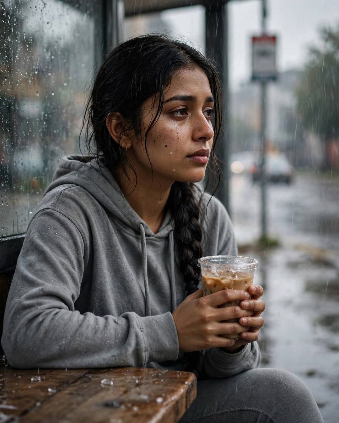 Young Indian woman in a grey hoodie holding an iced coffee at a rainy bus stop, tears on her cheeks