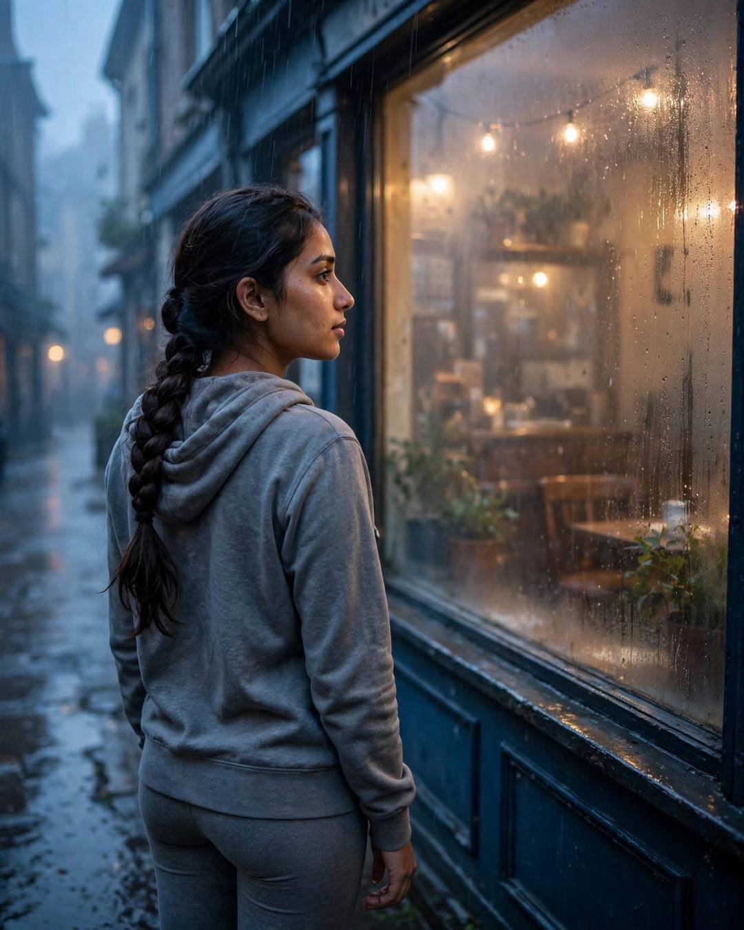 The old wooden swing creaking gently in — back to the camera, looking over one shoulder at old cafe by a fogged window, light rain, blue hour with soft blue-hour glow; cinematic AI photograph